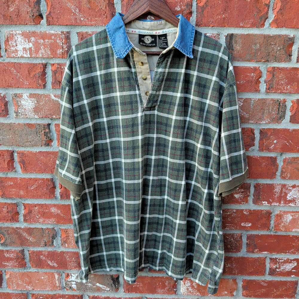 Santana Plaid Rugby Shirt Mens XL Green Denim Collar Popover Vintage 90s